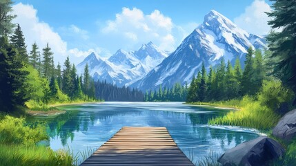 Obraz premium Serene Mountain Lake Landscape: A Tranquil Digital Painting