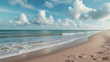 Fototapeta premium Tropical beach with blue sky features white sand meeting the turquoise sea under a partly cloudy summer sky along the coast