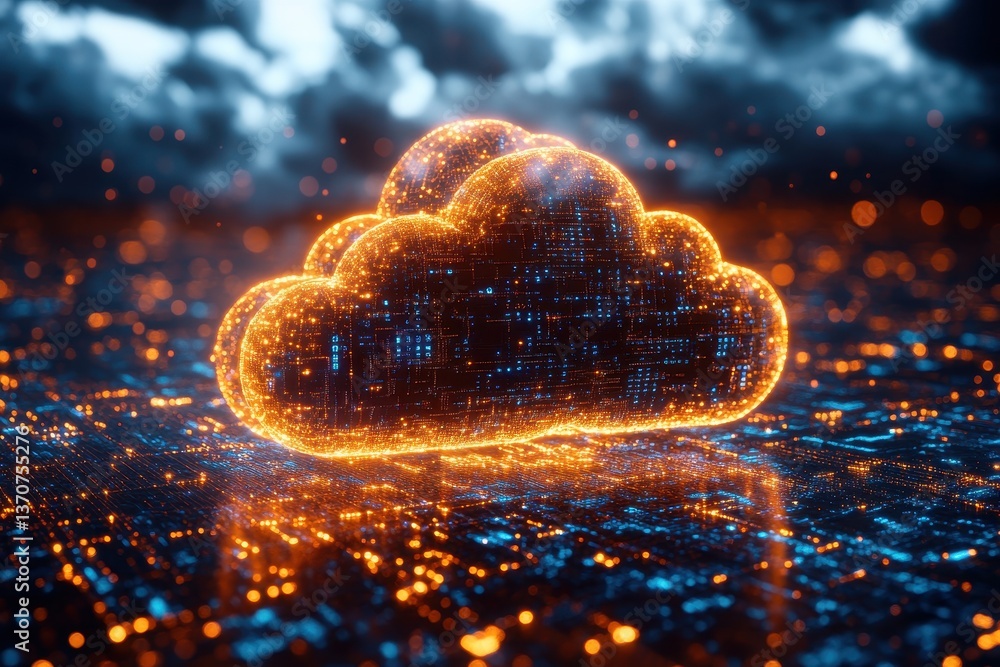 Poster digital cloud technology connecting data and applications in a futuristic setting with glowing light