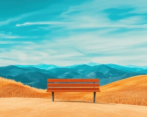 Obraz premium Wooden bench inviting contemplation amidst panoramic mountain valley vistas