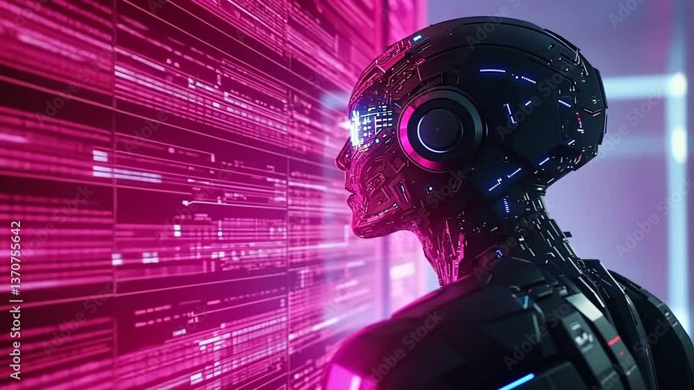 Poster cyberpunk robot analyzing pink digital code on screen