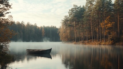 Serene Autumn Morning: A Wooden Boat on a Misty Lake