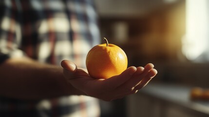 Person Holding a Bright Orange Fruit in Hand in a Sunlit Kitchen with Soft Natural Light
