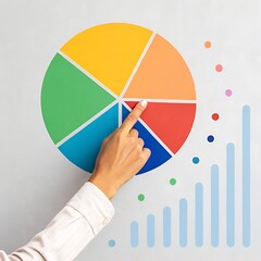 Colorful Pie Chart Analysis: Hand Points to Segment with Bar Graph Visualization for Data Representation.
