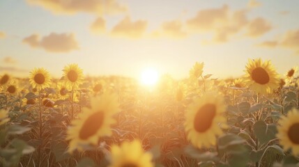 Obraz premium Golden Hour Sunflowers: A Serene Sunset Field