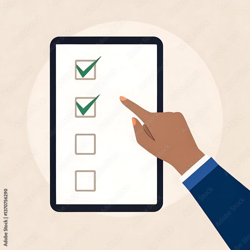 Poster completed checklist on tablet: hand tapping digital to-do list with check marks for productivity and