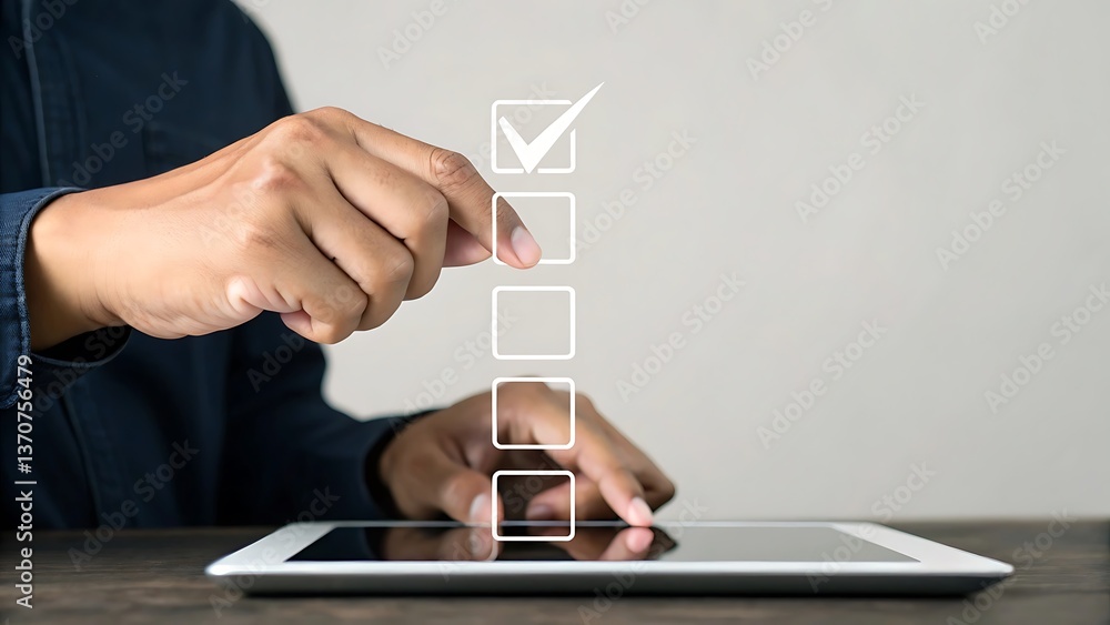 Poster completing digital checklist using a tablet, showcasing task management, productivity, and project p