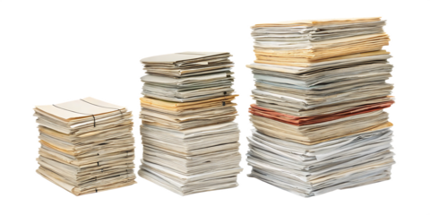 Three stacks of paper of varying heights against a withe  background in a studio setting look messy  isolated on transparent or white background, png