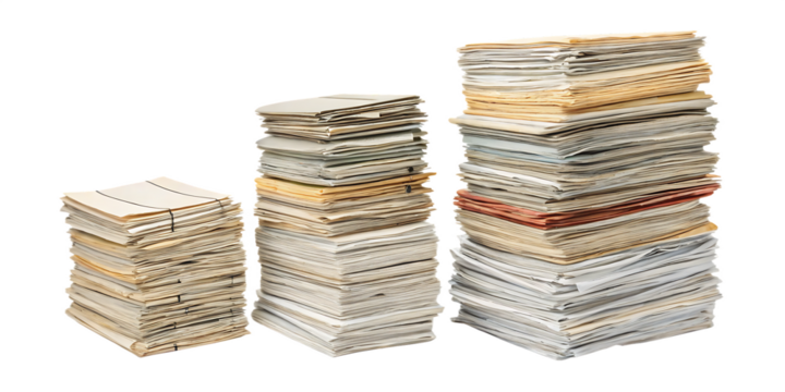 Three stacks of paper of varying heights against a withe  background in a studio setting look messy  isolated on transparent or white background, png