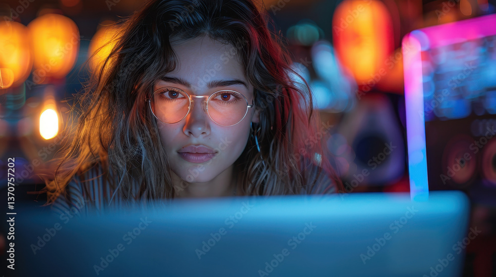 Poster focused female software developer wearing glasses coding on laptop in high-tech neon-lit workspace, 