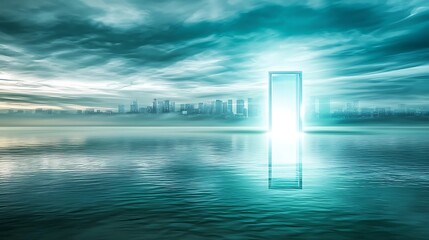 A luminous portal opens over a futuristic city.  Misty water reflects the ethereal glow