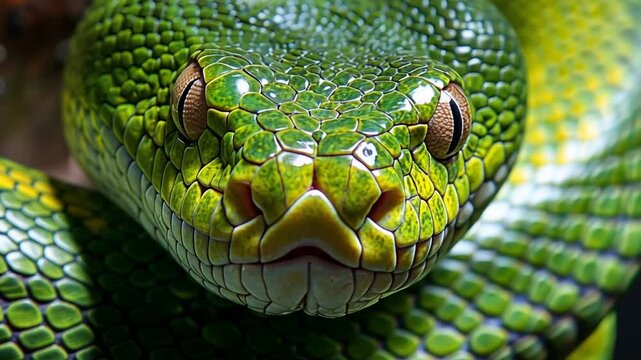 Vibrant Green Tree Python Close-Up: A Stunning Reptilian Portrait of Nature