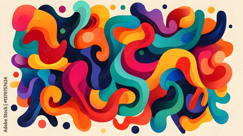 Poster vibrant and playful abstract typographic artwork with swirling colorful shapes and patterns