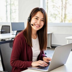 Portrait of a positive Latina customer support operator smiling at the camera while touching her headset in a bright office - symbolizing customer service, communication, and technology