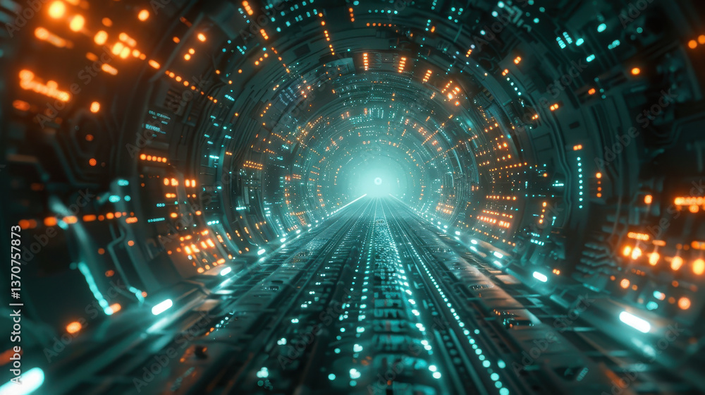 Poster futuristic digital data tunnel with glowing lights representing advanced internet technology and hig