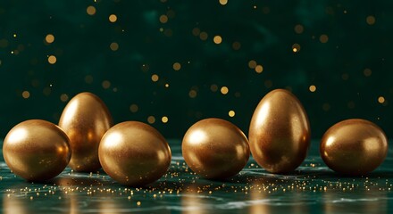 Happy Easter with Golden Eggs in a Sparkling Dark Background

