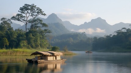 A scenic lake with floating huts near lush green mountains
