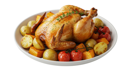 Isolated Roasted Chicken with Vegetables