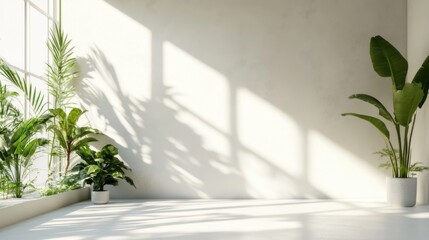 Bright indoor space with sunlight casting patterns on the floor, showcasing green plants and minimalist design