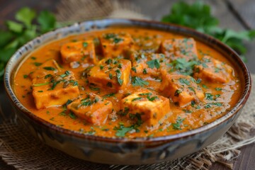 Matar Paneer plated with creamy tomato curry, paneer cubes aligned, garnished with cilantro