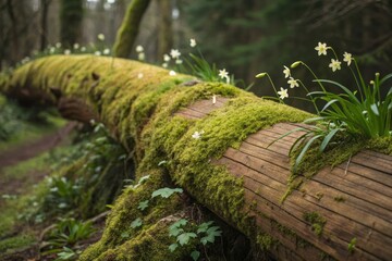 Naklejka premium The warm shade of the wood and the lush green of the moss: a contrast in natural harmony.