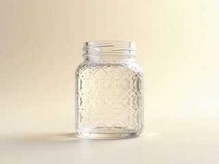 A clear glass jar with a diamond pattern and a metal lid, placed on a light beige background
