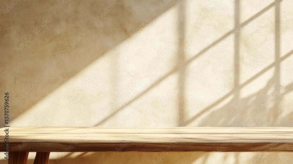 Poster light and shadow create a serene atmosphere in a minimalist room with a wooden table
