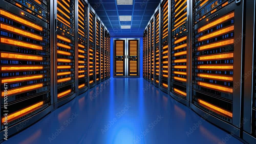 Poster bright and modern server room organized racks of high tech servers and technology illuminated by vib