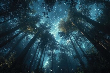 A magical forest with tall trees and the northern lights in starring night sky.