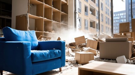 Abandoned interior with furniture and debris scattered.