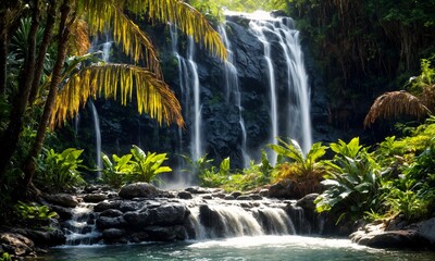 Obraz premium Serene spring morning with a tranquil waterfall flowing into a reflective pool – Idyllic sunrise over a peaceful outdoor retreat