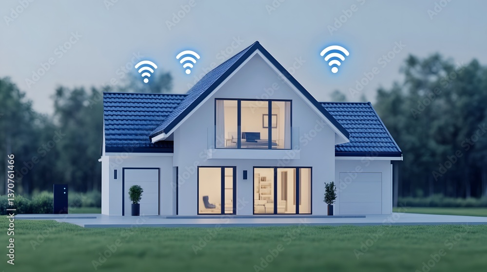 Aufkleber smart home with wireless iot devices and wifi signals connecting modern residential architecture