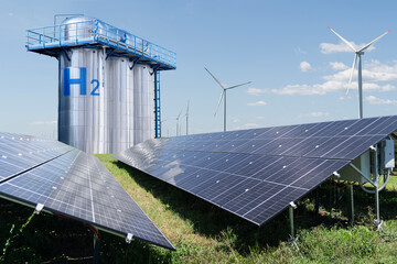Green hydrogen factory concept. Hydrogen production from renewable energy sources