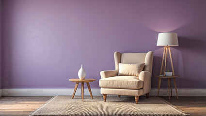 A tranquil armchair awaits in a serene room bathed in soft lavender light, complemented by a simple wooden side table and a tripod floor lamp.