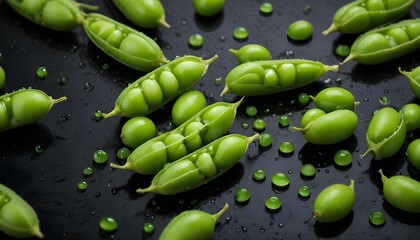 Close-up studio shot of three open pea pods filled with green peas, with some peas scattered around, all on a dark, wet surface