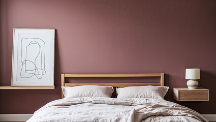 Serene bedroom sanctuary featuring minimalist line art above a calm, neutral bed against a rich, dusky rose wall; soft light enhances the tranquil mood.