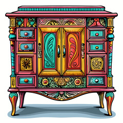 Colorful Vintage Cabinet with Ornate Carvings and Decorative Design
