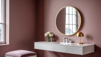 A serene blush-toned bathroom sanctuary featuring a large gold-framed mirror reflecting soft light, complemented by delicate flowers and a minimalist vanity.