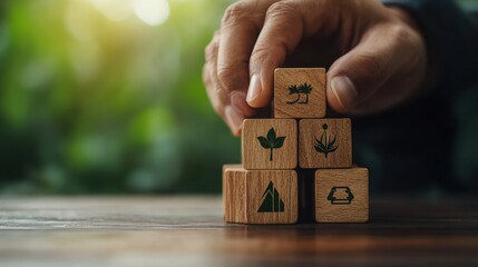 Obraz premium A hand places wooden blocks with nature symbols, emphasizing sustainability and eco-friendliness against a blurred green background.