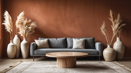Fototapeta premium Serene living room with a grey sofa, earthy tones, and pampas grass in elegant vases creating a calm and inviting atmosphere.