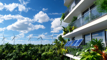 modern building with solar panels on balcony overlooks lush green forest with wind turbines in distance under bright blue sky