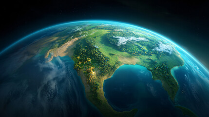 Fototapeta premium digital rendering of Earth showcases lush green landscapes, vast oceans, and cloud formations, highlighting planet natural beauty and environmental diversity