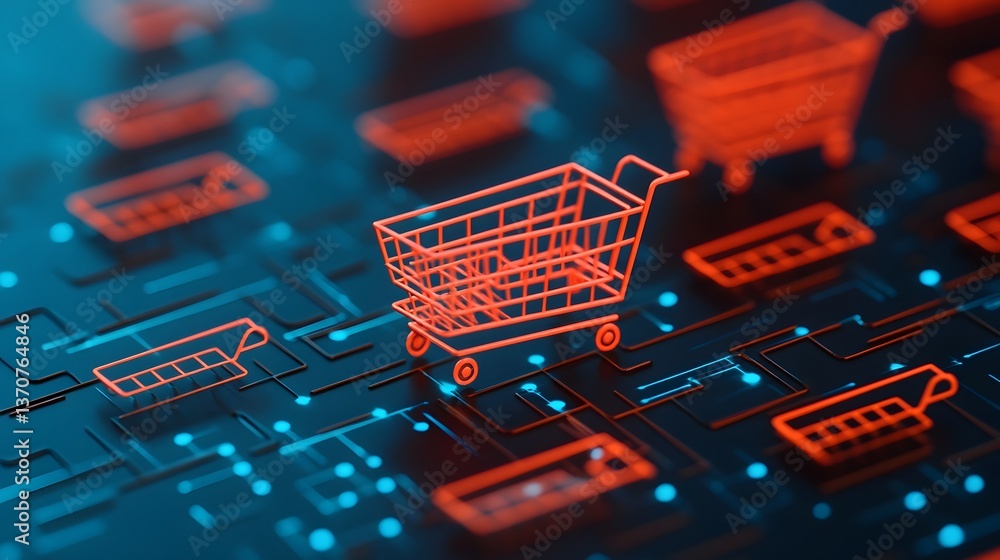 Poster continuous wave of digital e-commerce - abstract 3d shopping cart experience