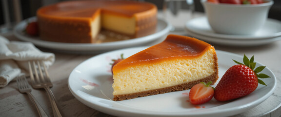 Rich and creamy Basque burnt cheesecake slice with strawberry garnish.