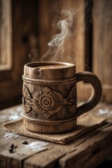 Steaming Coffee in Rustic Wooden Mug on Weathered Wood Table