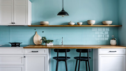 A serene kitchen bathed in soft, pale blue, featuring a light wood countertop and sleek black bar stools, creating a calm and inviting space.