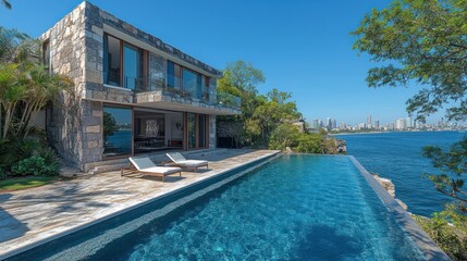 Fototapeta premium Modern Cliffside Home Pool Overlooking City