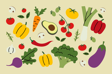 Set of fresh vegetables. Colorful flat design of healthy food ingredients, organic farm produce, including tomato, pepper, carrot, avocado, broccoli, leek, eggplant, chili, mushroom, herbs