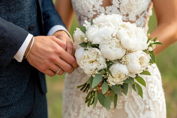 A close-up of a couple holding a beautiful bouquet of white peonies, showcasing elegance and love during a wedding ceremony.