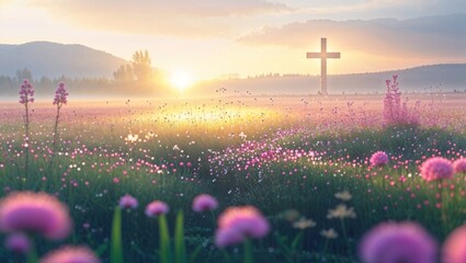 Cross in Flower Field at Sunrise Symbolizing Faith and Hope